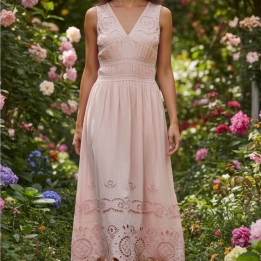 Future collective V-Neck Eyelet Midi Dress in Soft Pink ( Large)